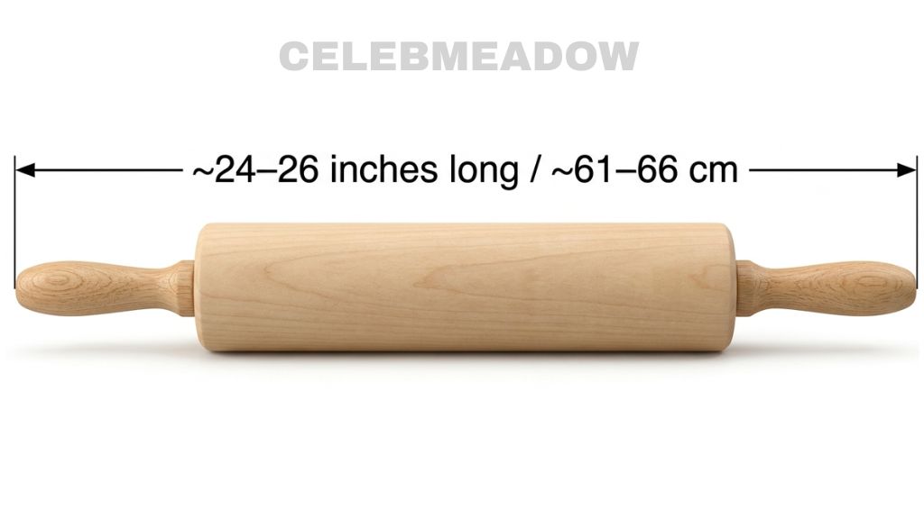 Wooden baker's rolling pin with handles measuring 24 to 26 inches total length, shown on floured surface
