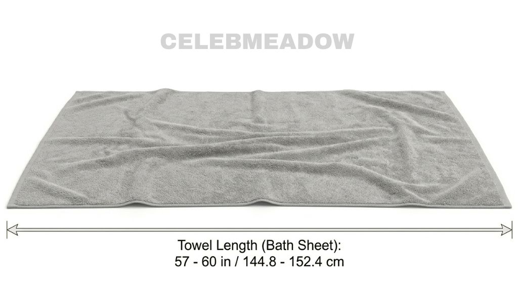 A large bath sheet towel stretched out to 57 inches in length on a bathroom floor showing full adult wrap coverage