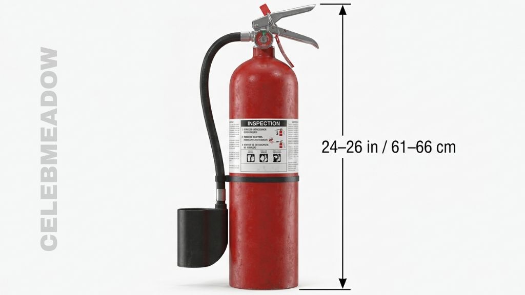 10 to 20 lb commercial fire extinguisher standing 24 to 26 inches tall, mounted on wall bracket