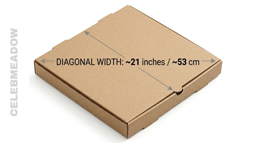Top-down view of a large 16-inch pizza box with a diagonal line showing the 21-inch measurement from corner to corner