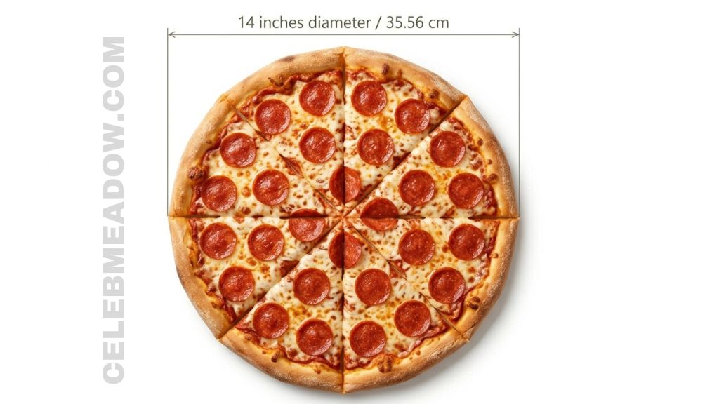 14-inch large pizza with eight slices shown from above in open delivery box, ruler showing full 14-inch width
