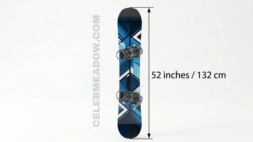 52-inch snowboard laid flat on snow, sized for adolescent riders or shorter adults around 5 feet tall