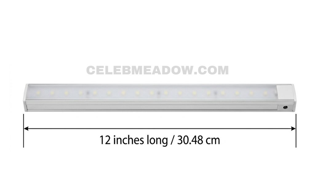 12-inch rigid LED light bar strip mounted under kitchen cabinet, showing full 12-inch length
