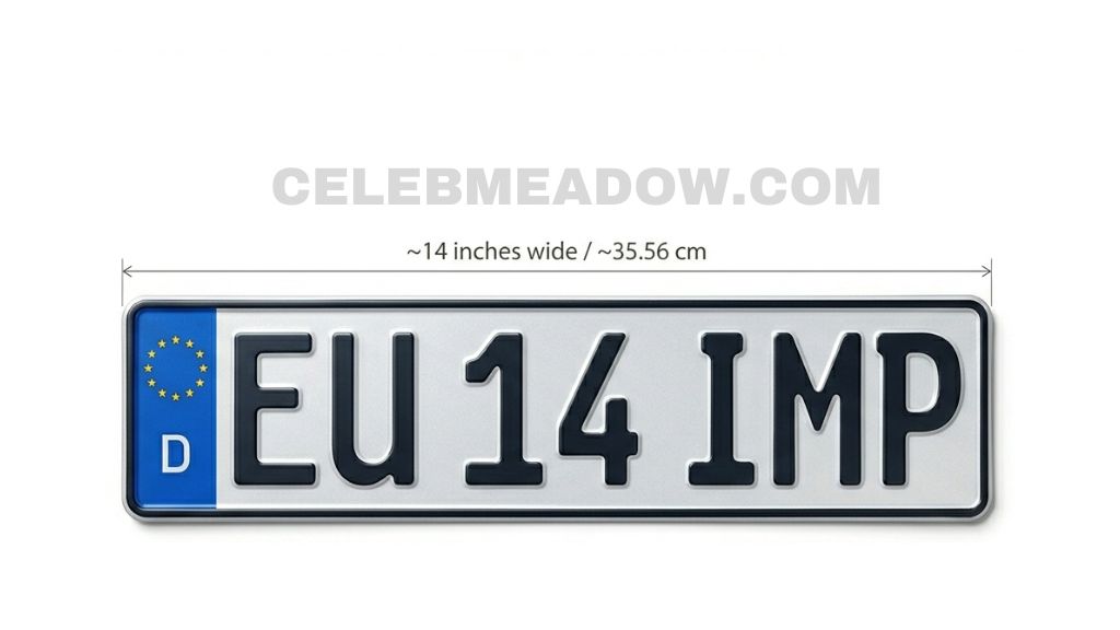 Small-format 14-inch long wide motorcycle or imported vehicle license plate shown against a measuring tape