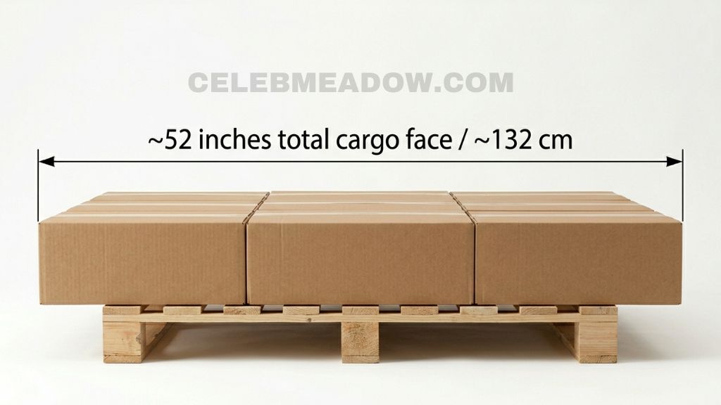 Standard GMA freight pallet loaded with boxed goods showing total cargo length of approximately 52 inches with overhang