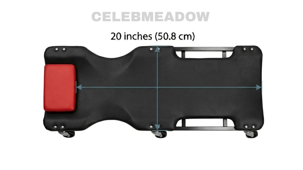 A wheeled mechanic's creeper board showing a shoulder-width platform of approximately 20 inches