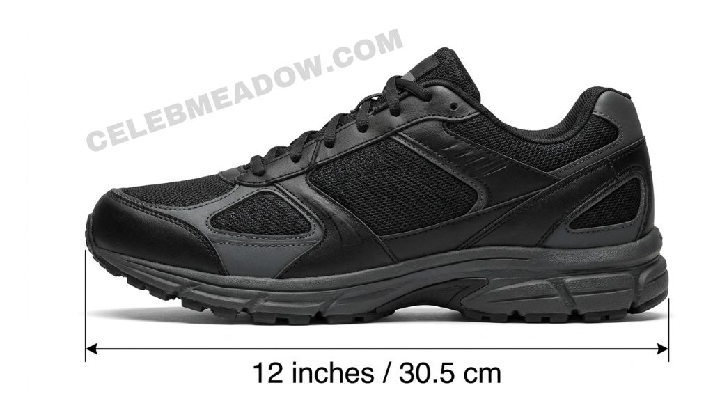 Men's size 14 athletic shoe placed flat, showing approximately 12-inch sole length from heel to toe