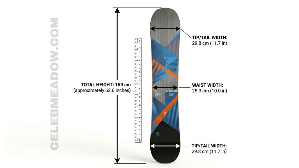 159cm men's snowboard standing upright showing it reaching approximately chin height of a 6-foot person
