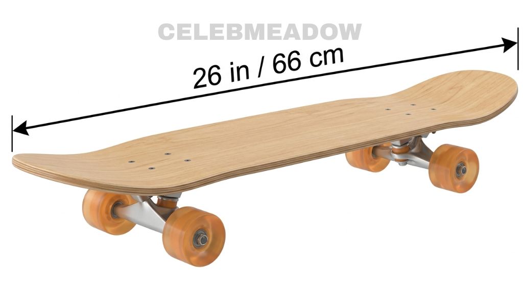 Mini cruiser skateboard deck measuring 26 inches long, shown on pavement
