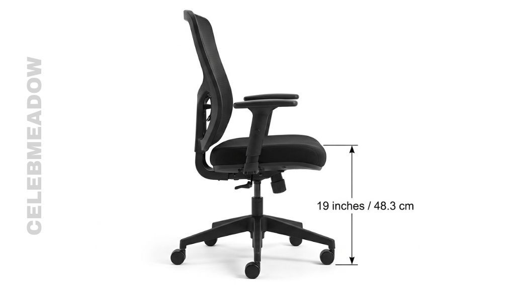 Side view of an office chair with a measurement arrow showing approximately 19 inches from floor to seat cushion top