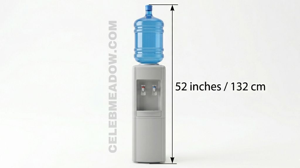 Standard 5-gallon office water cooler dispenser measuring 52 inches from floor to top of water bottle