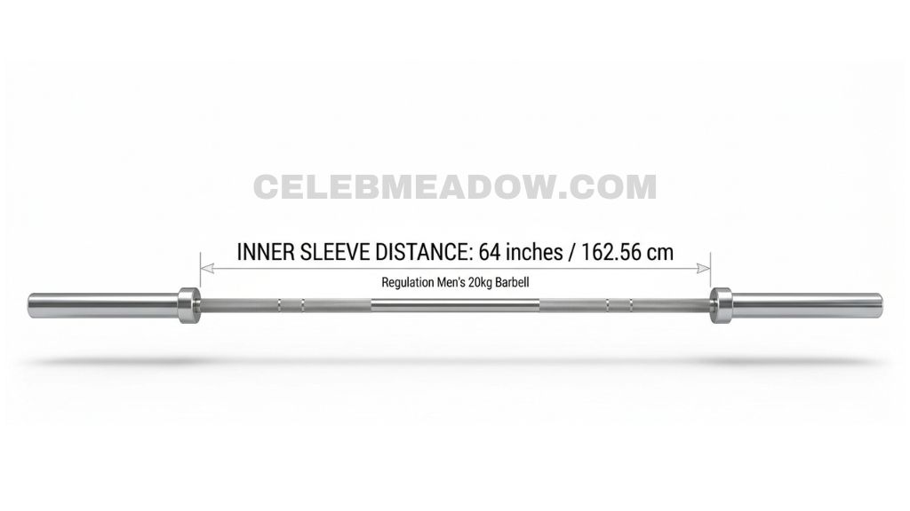 A men's 20kg Olympic barbell with 64-inch tall shaft distance between weight plate sleeves