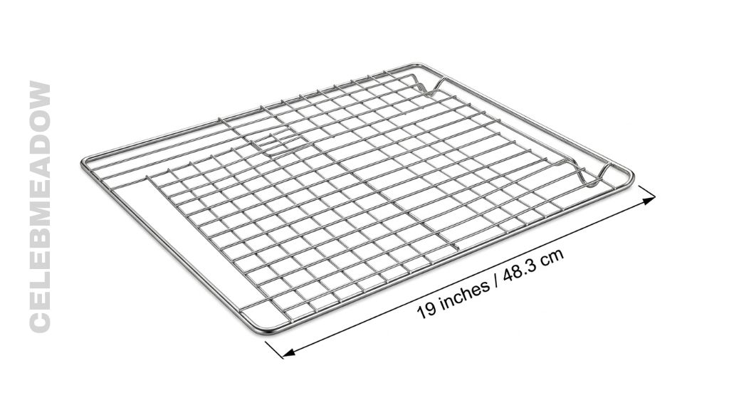 Inside of a standard 30-inch kitchen oven with a measurement arrow showing approximately 19 inches of rack depth front to back