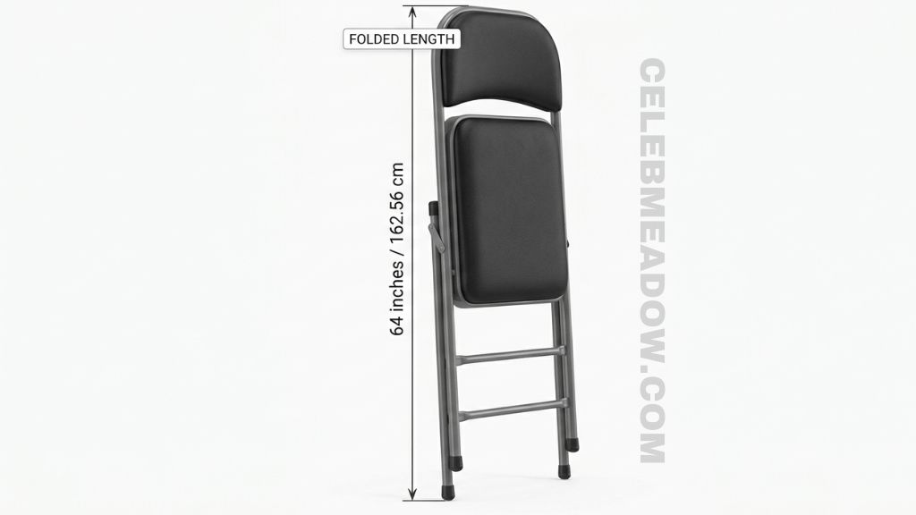 A commercial padded folding chair laid flat showing approximately 64-inch tall total folded length