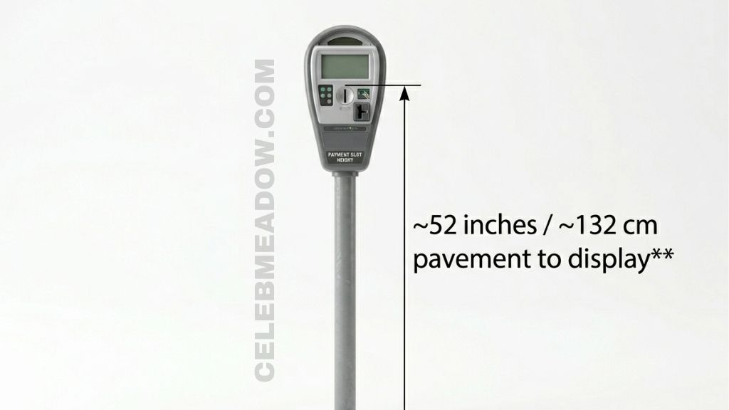 Urban parking meter pole standing approximately 52 inches from pavement to coin slot or digital display panel
