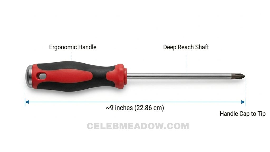 #2 Phillips head screwdriver measuring approximately 9 inches total length from cap to tip