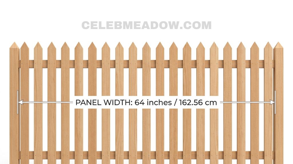 A 64-inch wide vinyl picket fence panel installed between two posts in a backyard