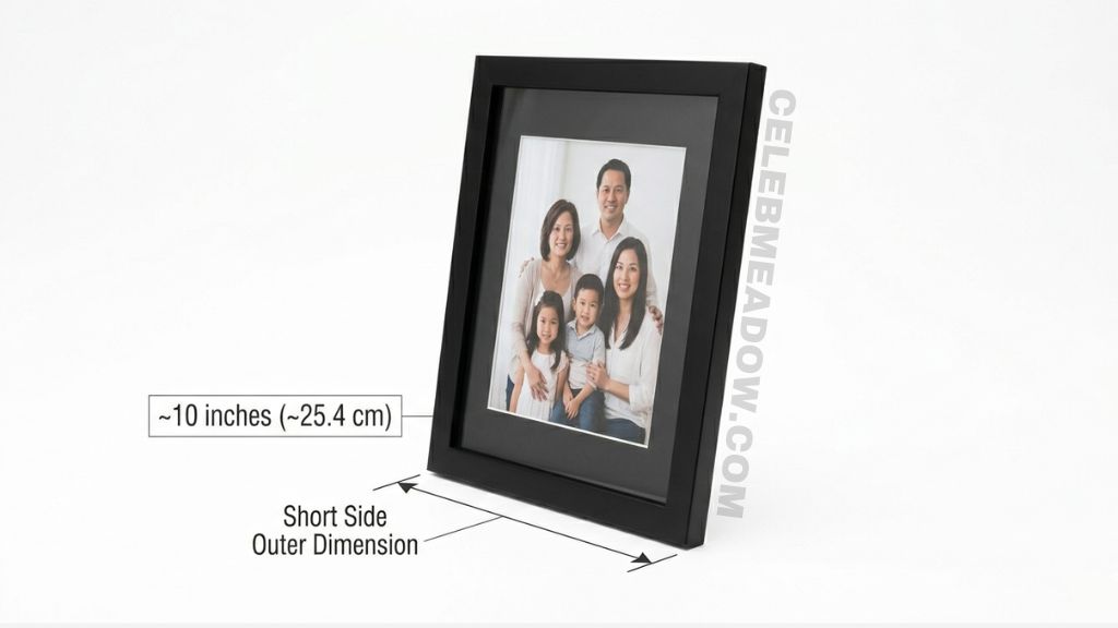Retail picture frame for 8x10 print showing approximately 10-inch long short outer edge
