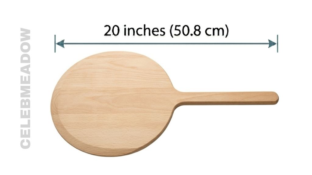 A round pizza peel blade approximately 20 inches wide, used for sliding pizza into an oven