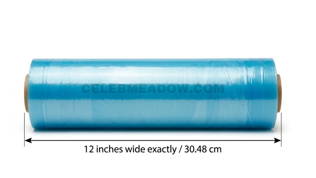 12-inch wide plastic wrap roll with box showing width measurement along cutting edge