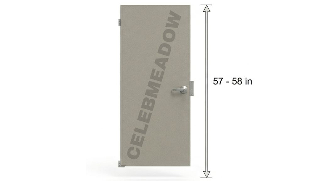 A public restroom stall door standing at 57 inches tall, showing the gap above and below in a commercial bathroom