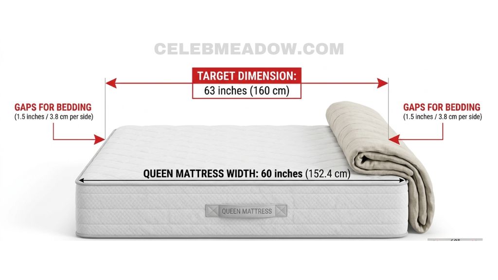 Queen mattress width diagram at 60 inches with 63-inch comparison line showing 3-inch overhang