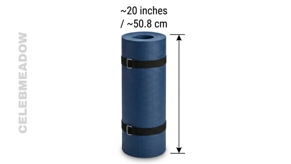 A rolled yoga mat standing upright on one end, showing a height of approximately 20 inches