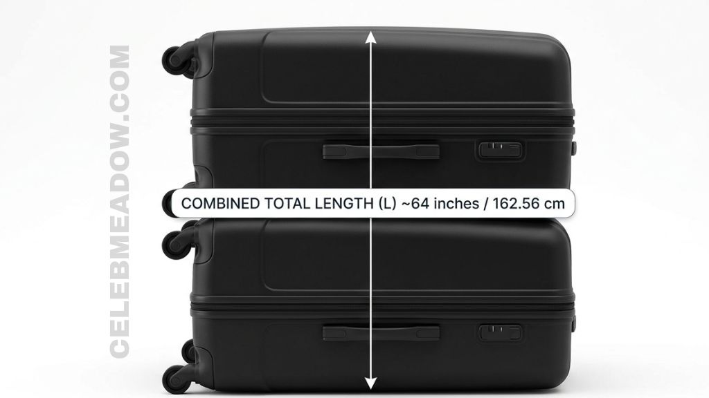 Two 32-inch checked airline suitcases stacked vertically to show 64-inch tall combined measurement