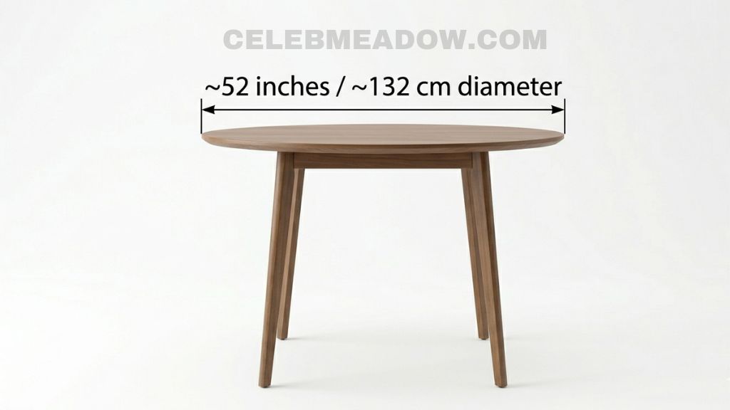 Round dining table with 52-inch diameter set for six adults, showing place settings and center spacing