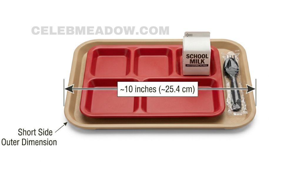 Standard rectangular school cafeteria food tray showing 10-inch short side