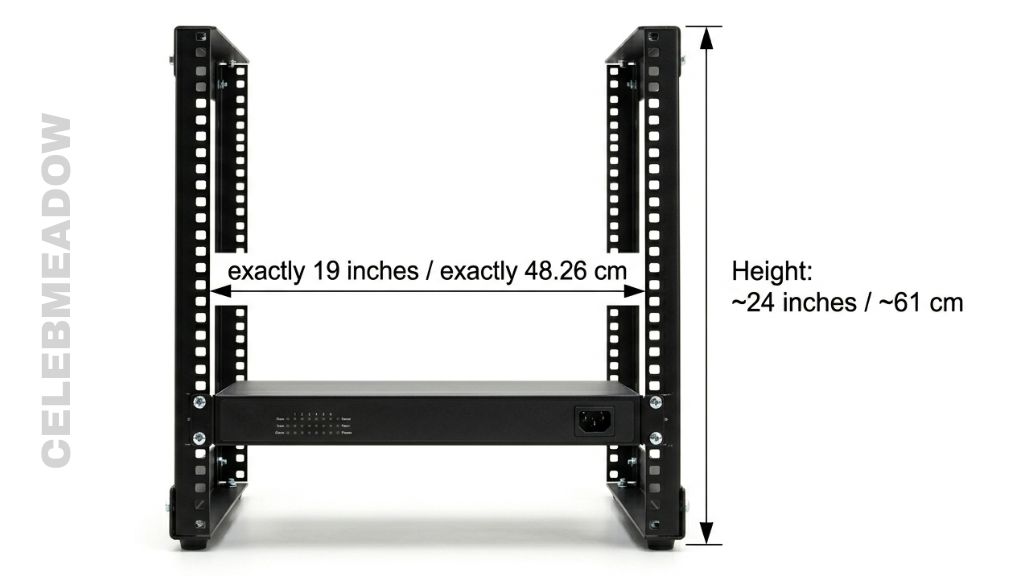 Open server rack cabinet with a measurement arrow showing exactly 19 inches between the two vertical mounting rails