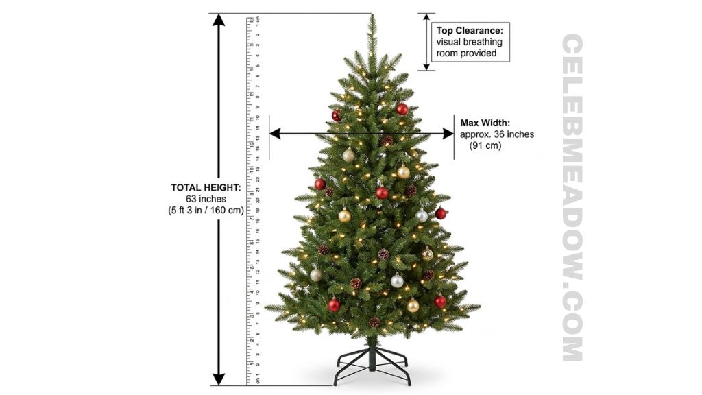 63-inch artificial Christmas tree displayed indoors beside a 5-foot-3 person for scale