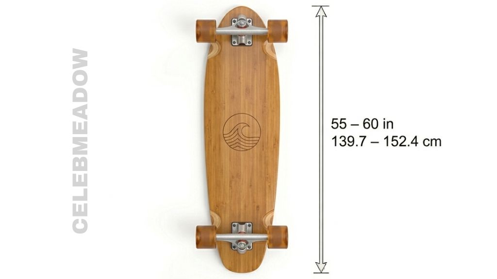 A cruiser-style longboard skateboard lying on the ground measuring 57 inches from nose to tail