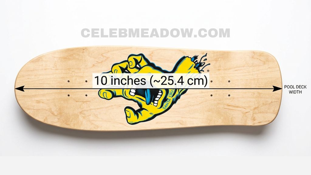Wide old-school skateboard pool deck measuring approximately 10 inches long across its widest point