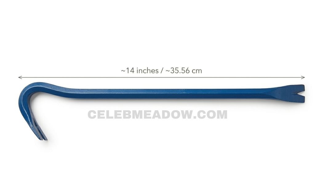 Small 15-inch wonder bar pry bar resting in an open metal toolbox drawer, approximately 14 inches long visible length