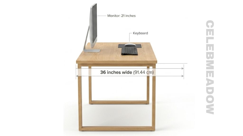 Compact 36-inch wide office desk with monitor and keyboard setup