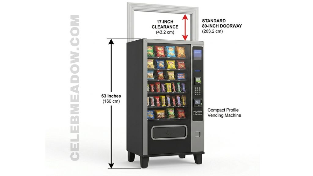 Compact 63-inch snack vending machine shown beside standard doorway for scale
