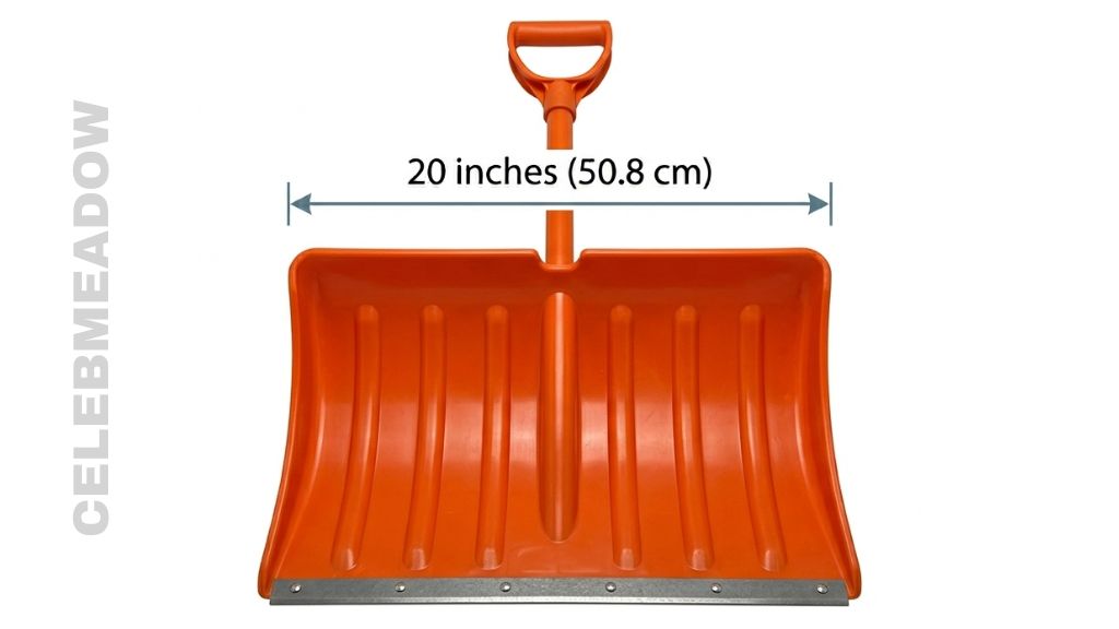 A standard snow shovel with blade width measuring approximately 20 inches across