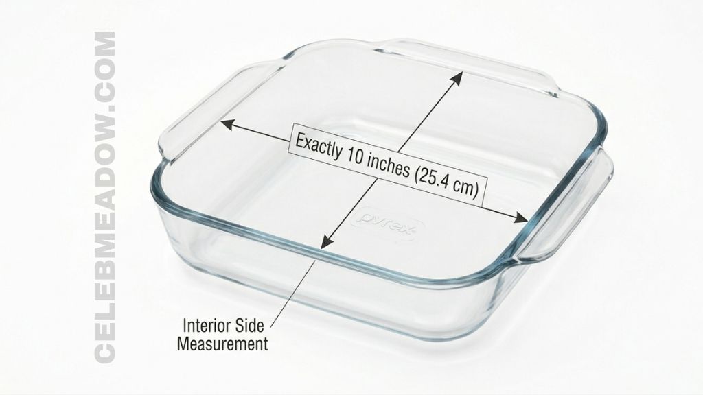 Glass 10x10 inch square baking dish showing interior side length