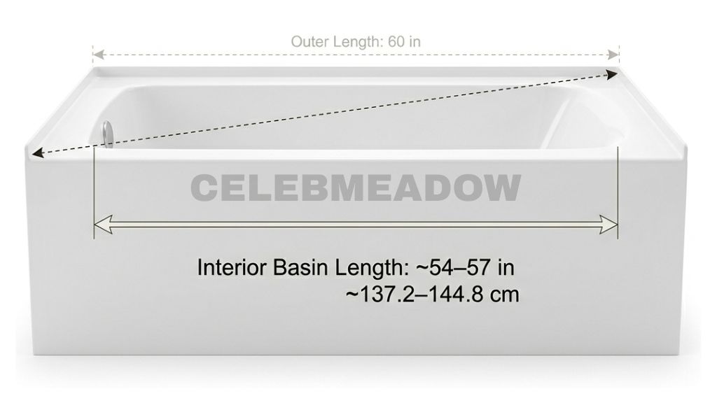 Inside a 5-foot bathtub showing the interior basin measuring approximately 57 inches from end to end