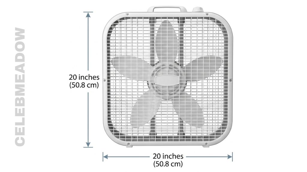 A 20-inch square box fan standing upright, showing height and width of approximately 20 inches each side