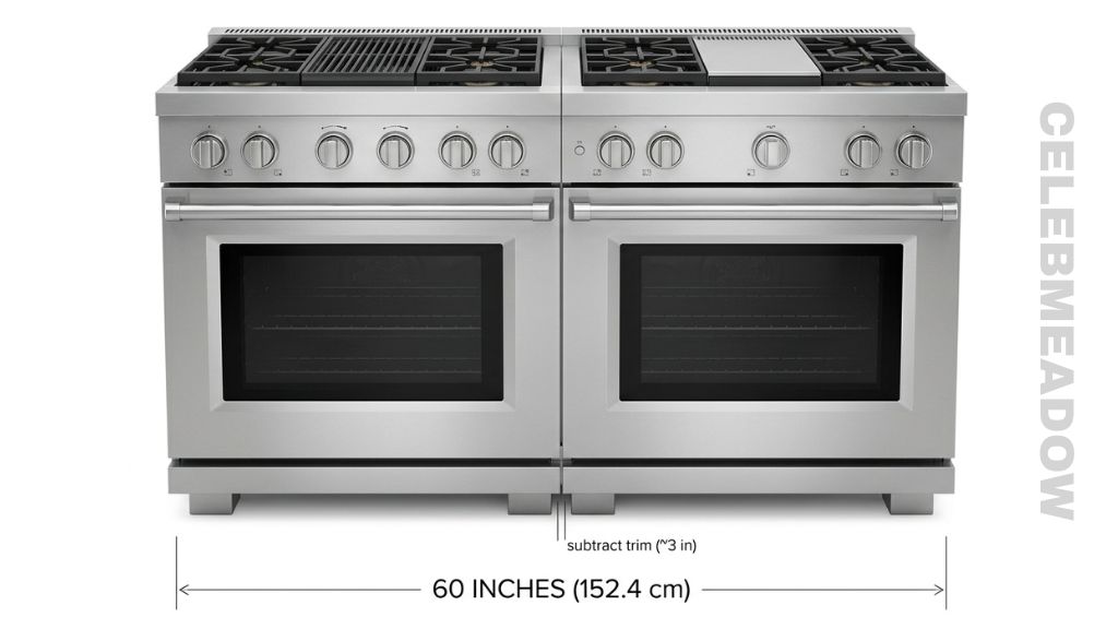 Two standard 30-inch kitchen ranges placed side by side showing a combined width close to 57 to 60 inches