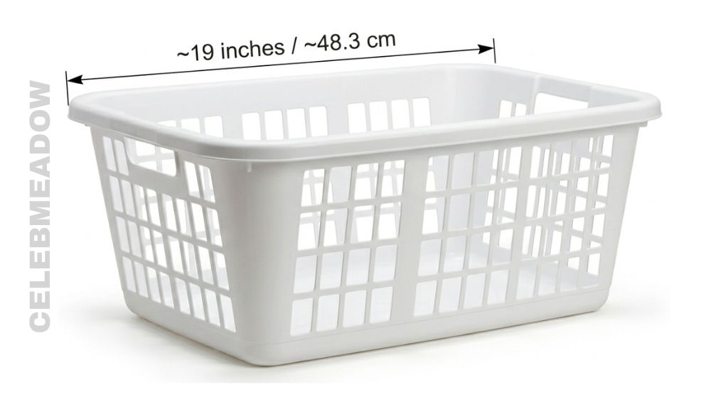 Rectangular plastic laundry basket viewed from above, measurement arrow showing approximately 19 inches along the longest side
