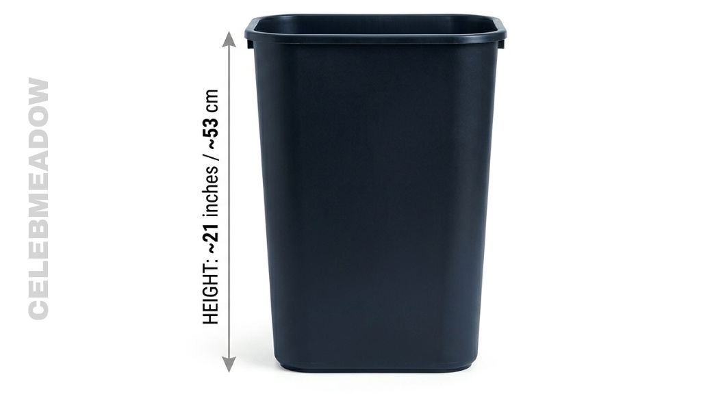 A standard black office recycling bin standing 21 inches tall beside a desk