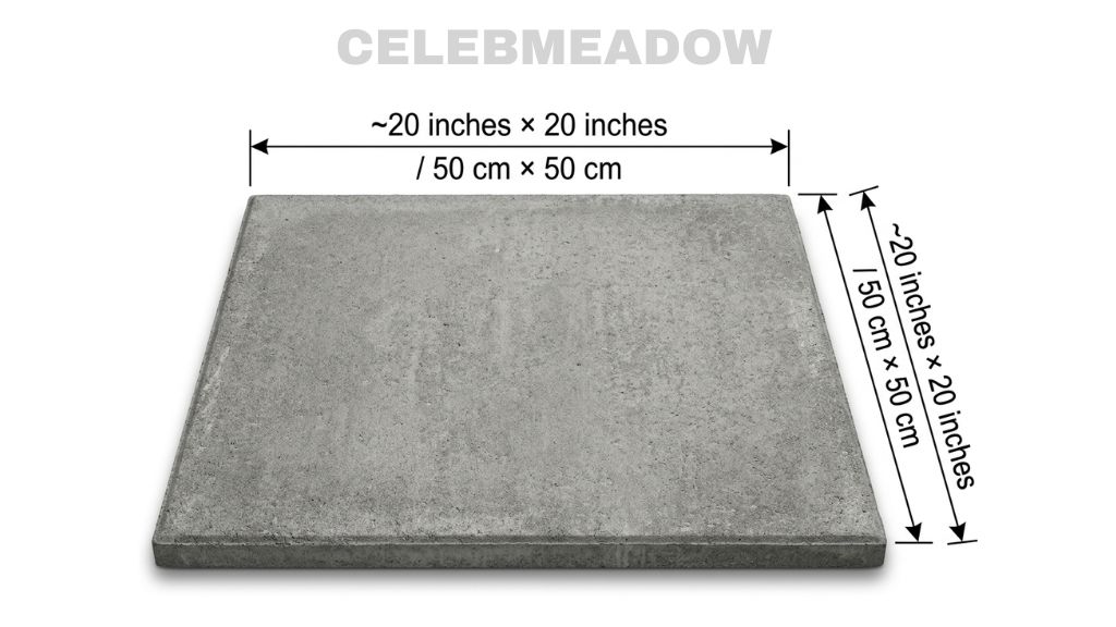 A square concrete paving stone measuring 20 inches by 20 inches (50 cm x 50 cm metric standard)