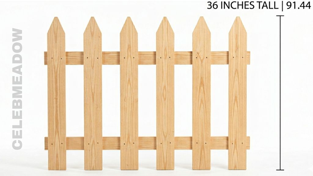 White picket fence panel standing 36 inches tall in a residential garden
