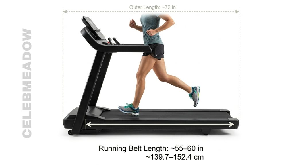 A home treadmill with running belt measuring 57 inches in length shown in a home gym setting