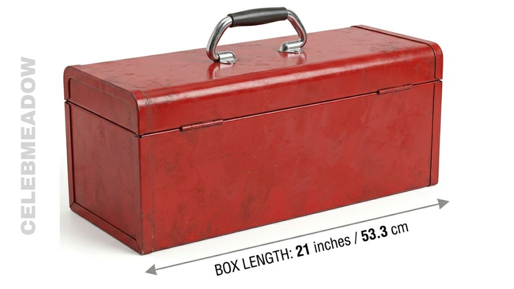 A red metal handheld toolbox measuring 21 inches in length from end to end