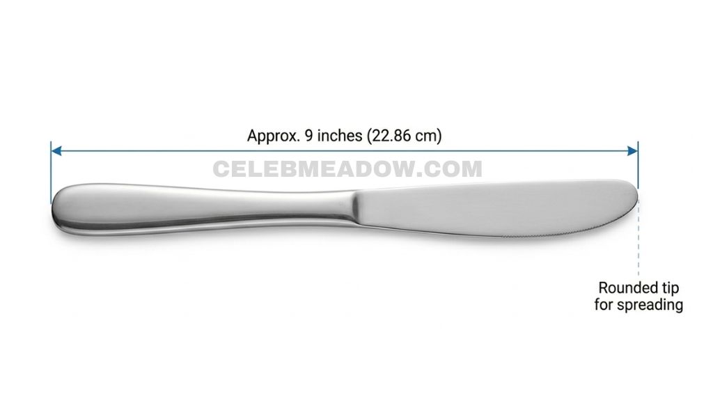 Table butter knife laid flat showing approximately 9-inch total length from handle to blade tip