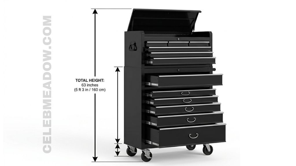 Tall rolling tool chest approximately 63 inches high shown in garage beside standard 80-inch door